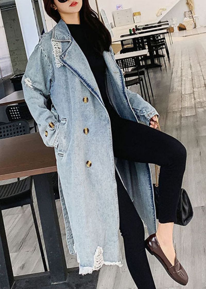 Stijl Blauwe Peter Pan Kraag Zakken Strik Taille Patchwork Denim Jas Herfst - Dames trenchcoats