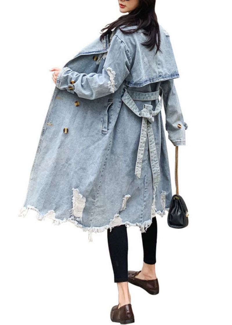 Stijl Blauwe Peter Pan Kraag Zakken Strik Taille Patchwork Denim Jas Herfst - Dames trenchcoats