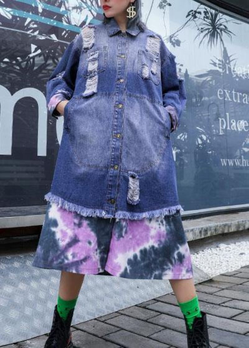 Stijl Denimblauw Patchwork Fijne Tunieken Voor Dames Stoffen Gescheurde Herfstjassen - Dames trenchcoats