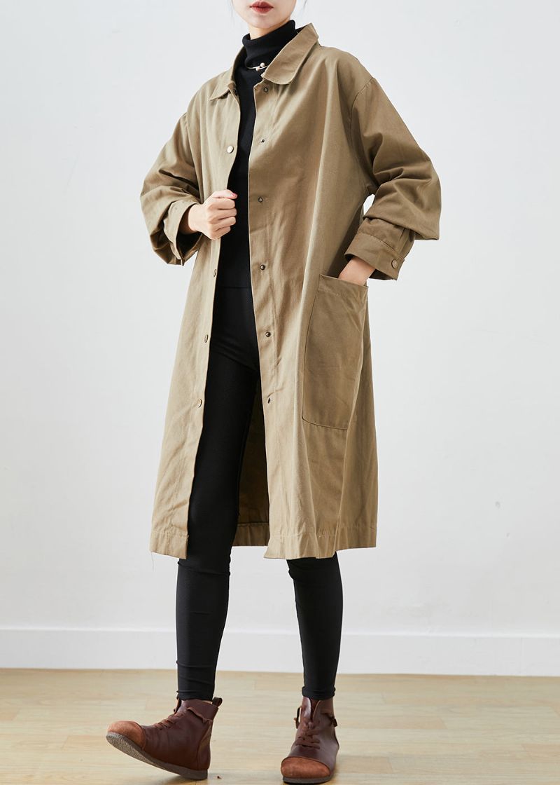 Stijl Kaki Katoenen Trenchcoat Met Oversized Zakken Herfst