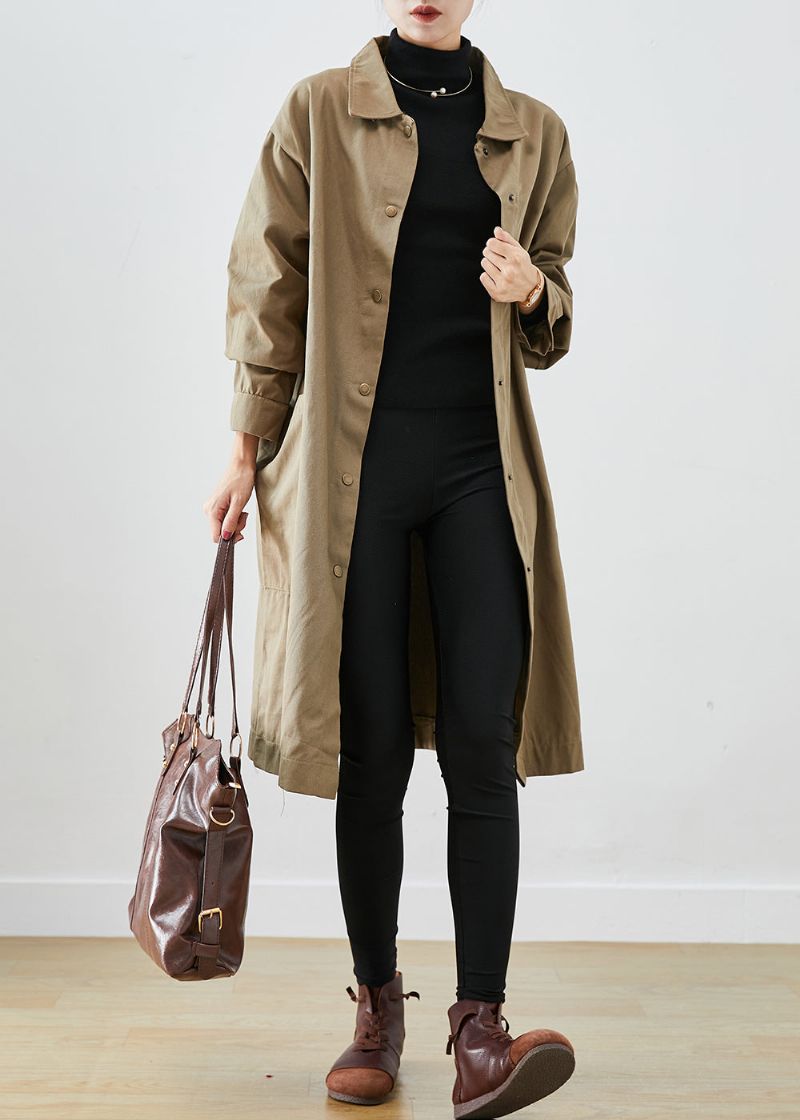 Stijl Kaki Katoenen Trenchcoat Met Oversized Zakken Herfst - Dames trenchcoats