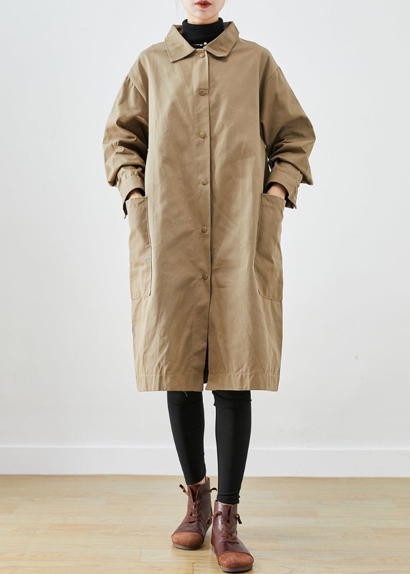 Stijl Kaki Katoenen Trenchcoat Met Oversized Zakken Herfst - Dames trenchcoats