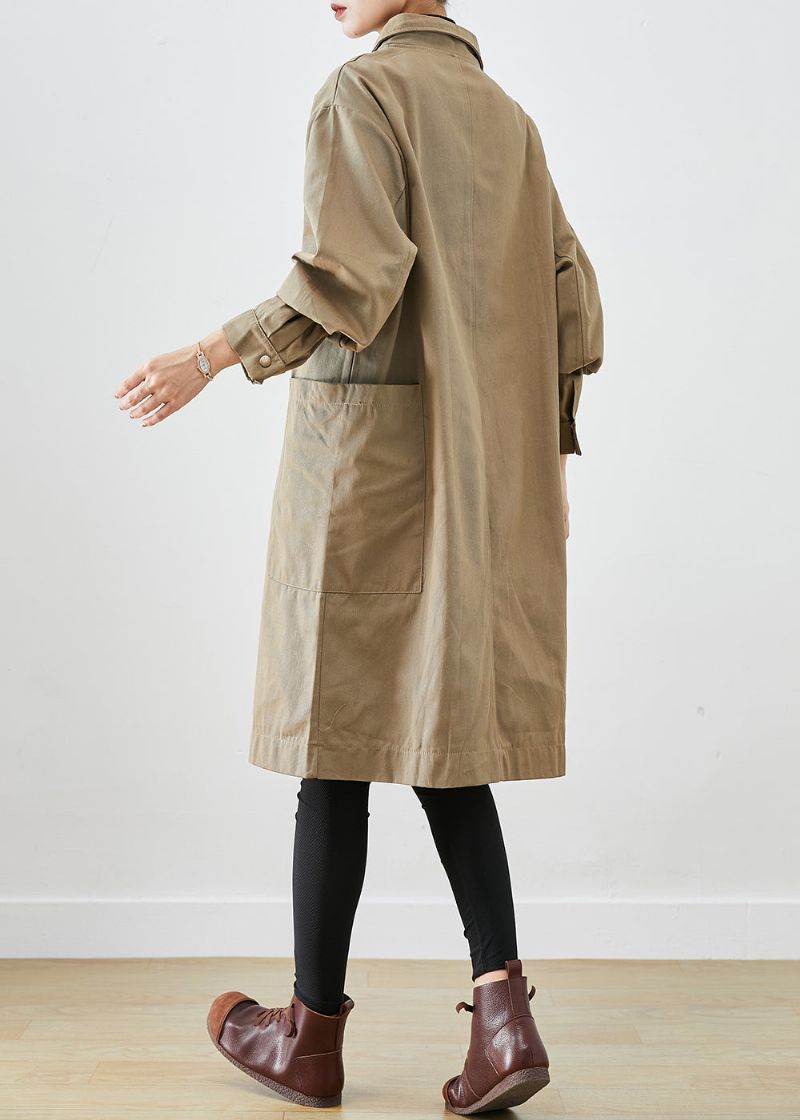 Stijl Kaki Katoenen Trenchcoat Met Oversized Zakken Herfst - Dames trenchcoats