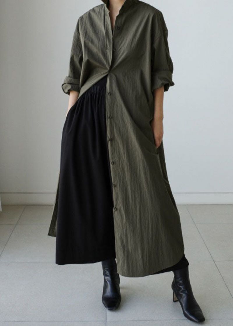 Stijl Legergroene Peter Pan-kraag Katoenen Stropdas Taille Lange Trenchcoat Lente - Dames trenchcoats