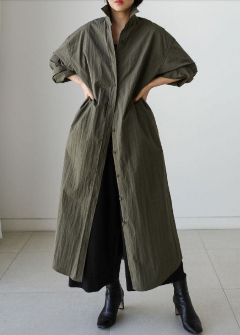 Stijl Legergroene Peter Pan-kraag Katoenen Stropdas Taille Lange Trenchcoat Lente - Dames trenchcoats