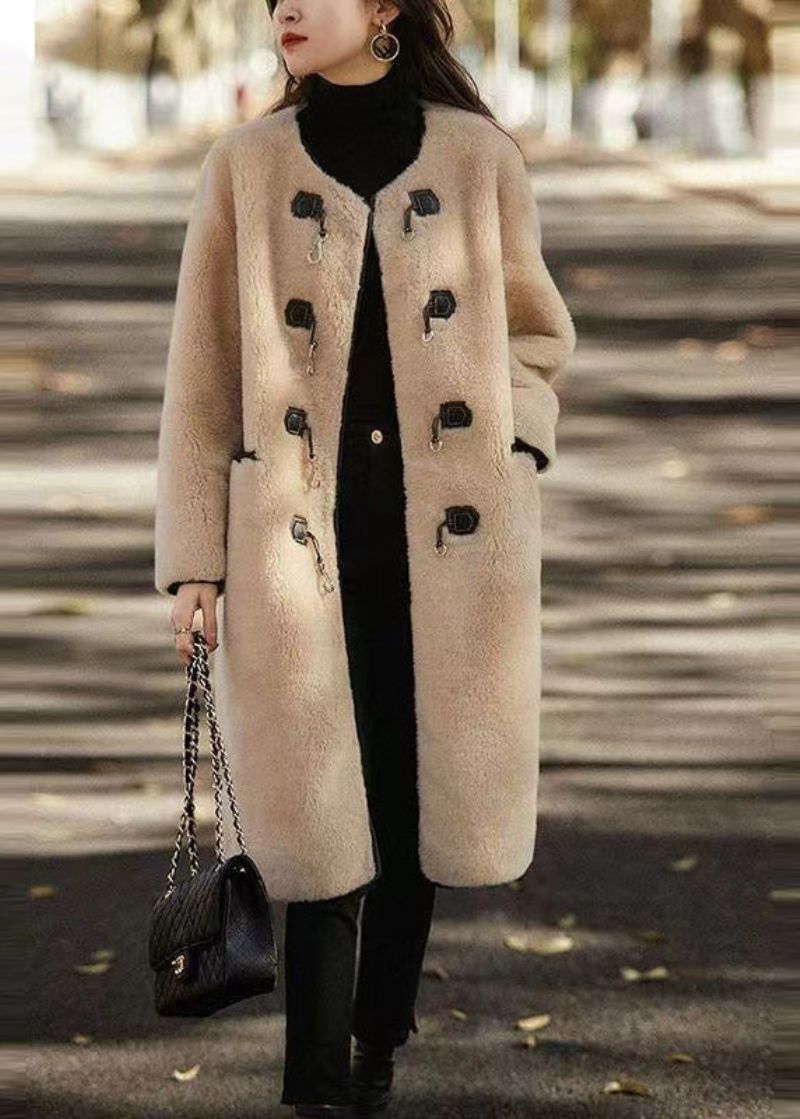 Stijl Witte O-hals Zakken Knoop Patchwork Wollen Jas Winter - Dames trenchcoats