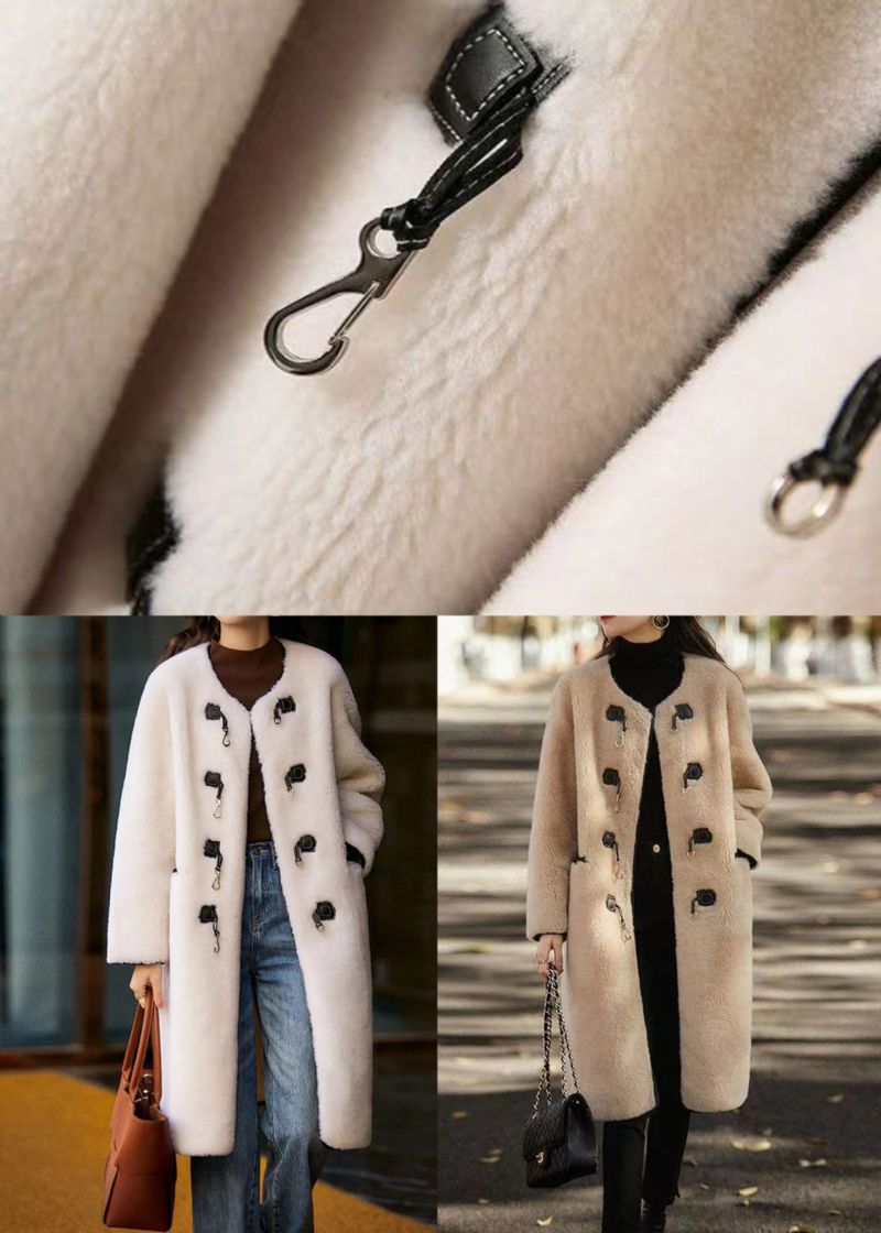 Stijl Witte O-hals Zakken Knoop Patchwork Wollen Jas Winter - Dames trenchcoats