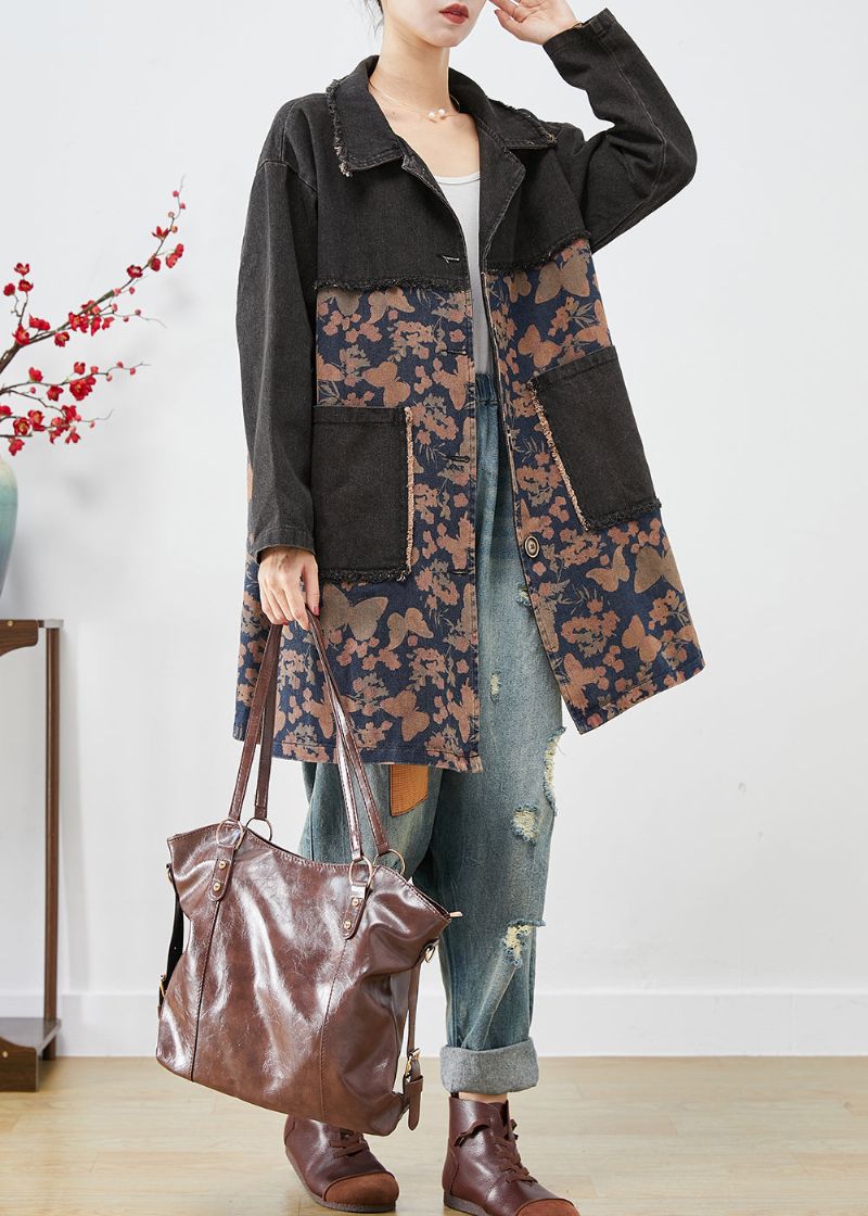 Stijl Zwart Oversized Patchwork Zakken Print Denim Trench Herfst