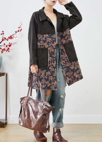 Stijl Zwart Oversized Patchwork Zakken Print Denim Trench Herfst