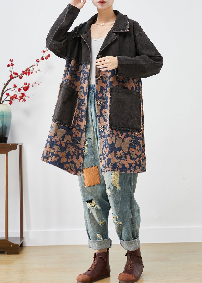 Stijl Zwart Oversized Patchwork Zakken Print Denim Trench Herfst - Dames trenchcoats