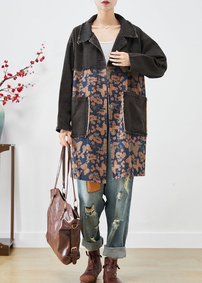 Stijl Zwart Oversized Patchwork Zakken Print Denim Trench Herfst - Dames trenchcoats