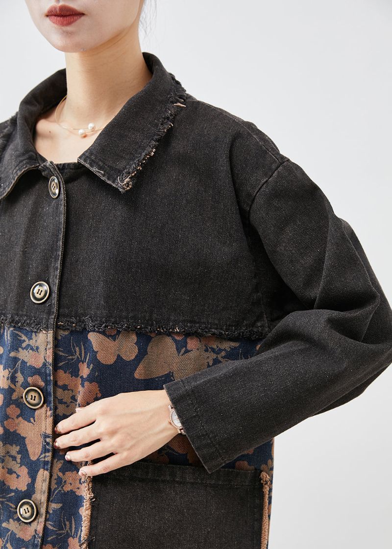 Stijl Zwart Oversized Patchwork Zakken Print Denim Trench Herfst - Dames trenchcoats