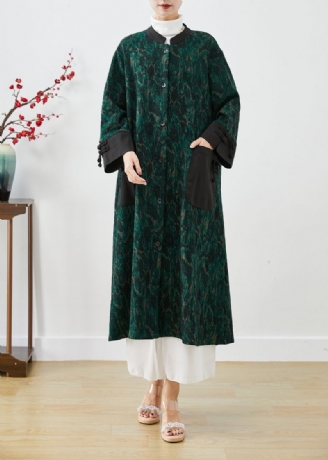 Stijl Zwartachtig Groen Tie-dye Patchwork Chinese Knoop Nertsen Velours Trenchcoat Herfst