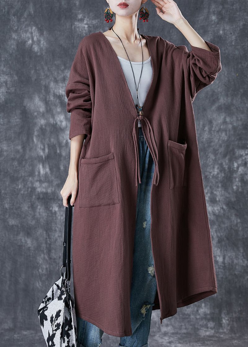 Stijlvol Chocolade Oversized Chinese Knooplinnen Lang Vest Lente - Dames trenchcoats