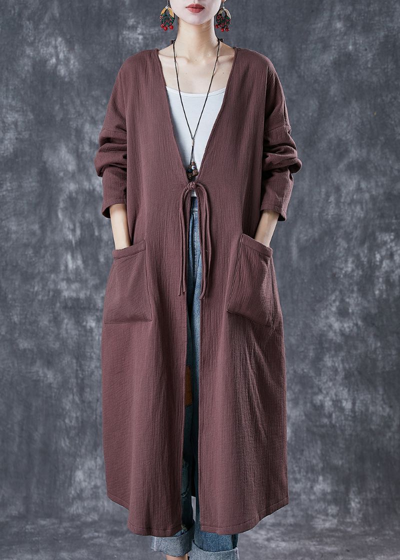 Stijlvol Chocolade Oversized Chinese Knooplinnen Lang Vest Lente - Dames trenchcoats