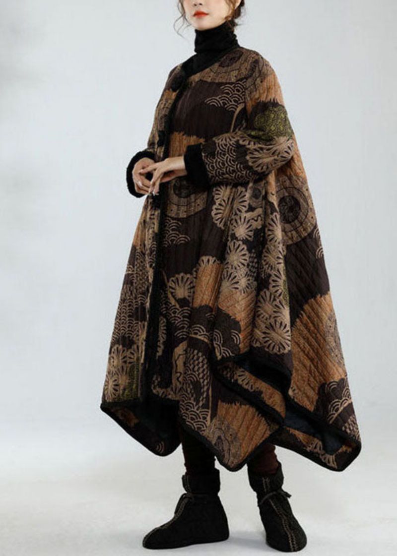 Stijlvol Zwart Asymmetrisch Ontwerp Oversized Print Fijne Katoenen Gevulde Trenchcoats Winter