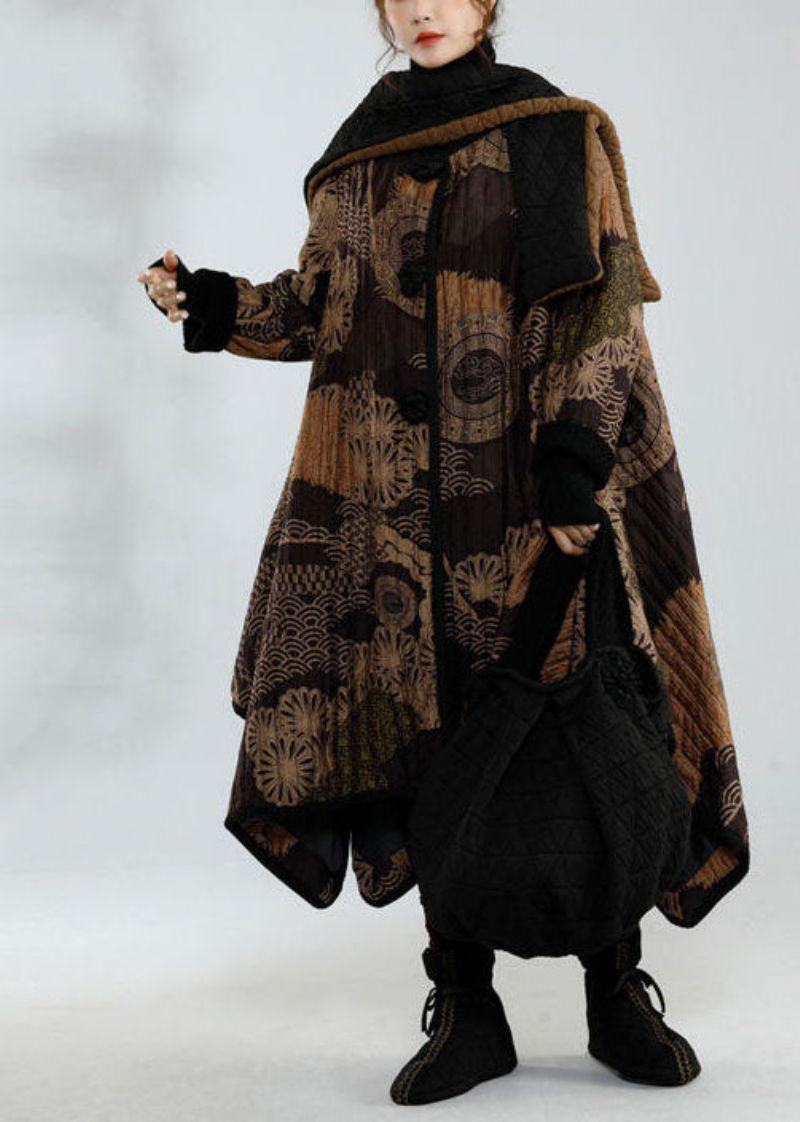 Stijlvol Zwart Asymmetrisch Ontwerp Oversized Print Fijne Katoenen Gevulde Trenchcoats Winter - Dames trenchcoats