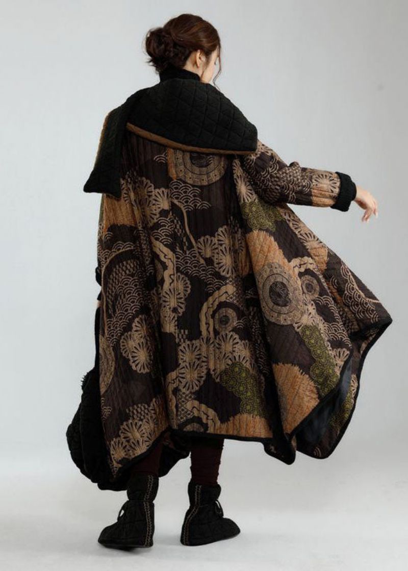 Stijlvol Zwart Asymmetrisch Ontwerp Oversized Print Fijne Katoenen Gevulde Trenchcoats Winter - Dames trenchcoats