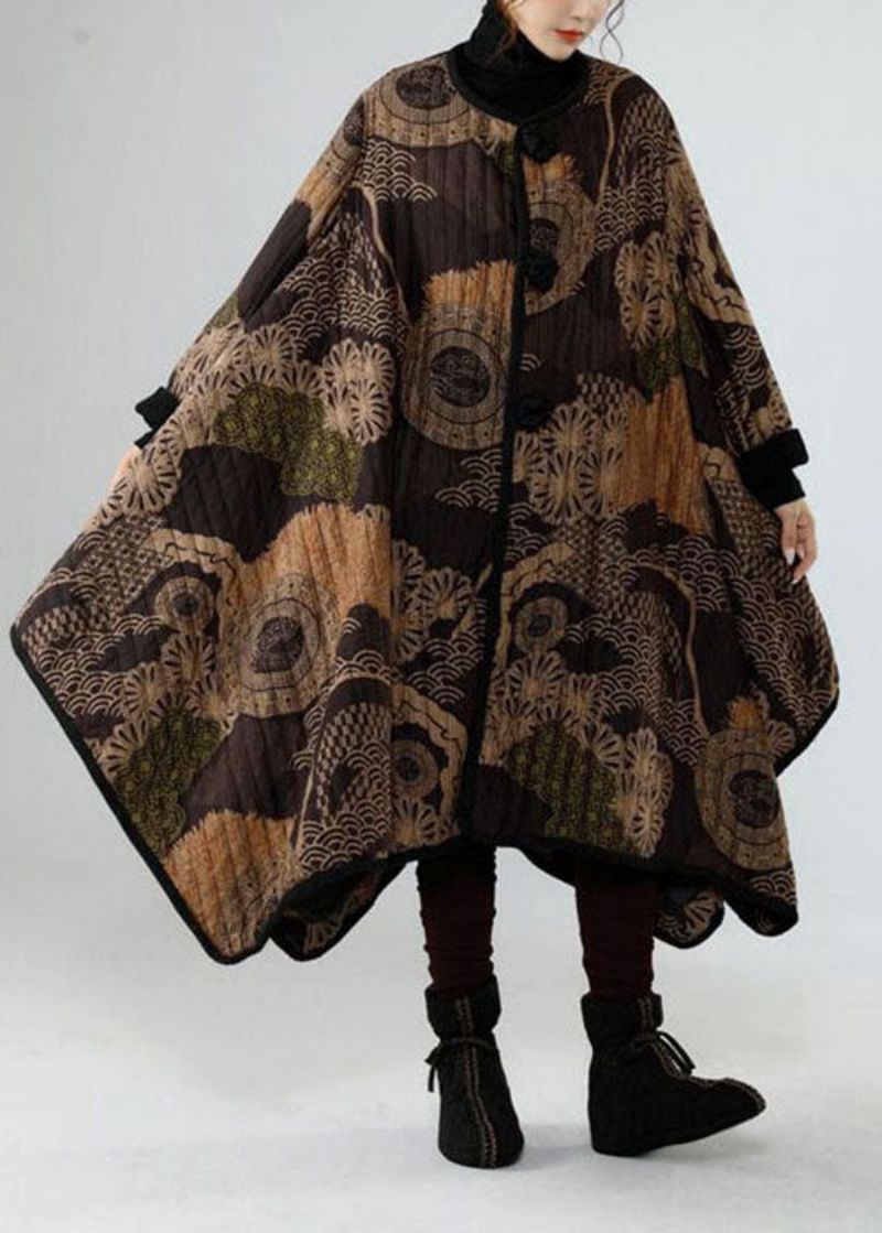 Stijlvol Zwart Asymmetrisch Ontwerp Oversized Print Fijne Katoenen Gevulde Trenchcoats Winter - Dames trenchcoats