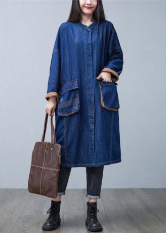 Stijlvolle Blauwe Opstaande Kraag Oversized Zakken Katoenen Denim Trenchcoat Lente