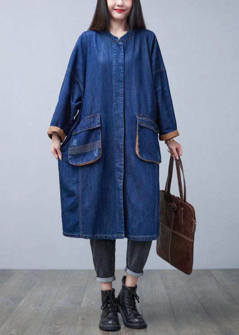 Stijlvolle Blauwe Opstaande Kraag Oversized Zakken Katoenen Denim Trenchcoat Lente - Dames trenchcoats