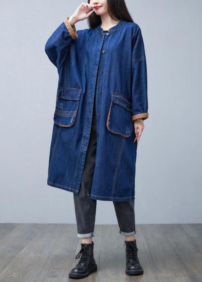 Stijlvolle Blauwe Opstaande Kraag Oversized Zakken Katoenen Denim Trenchcoat Lente - Dames trenchcoats