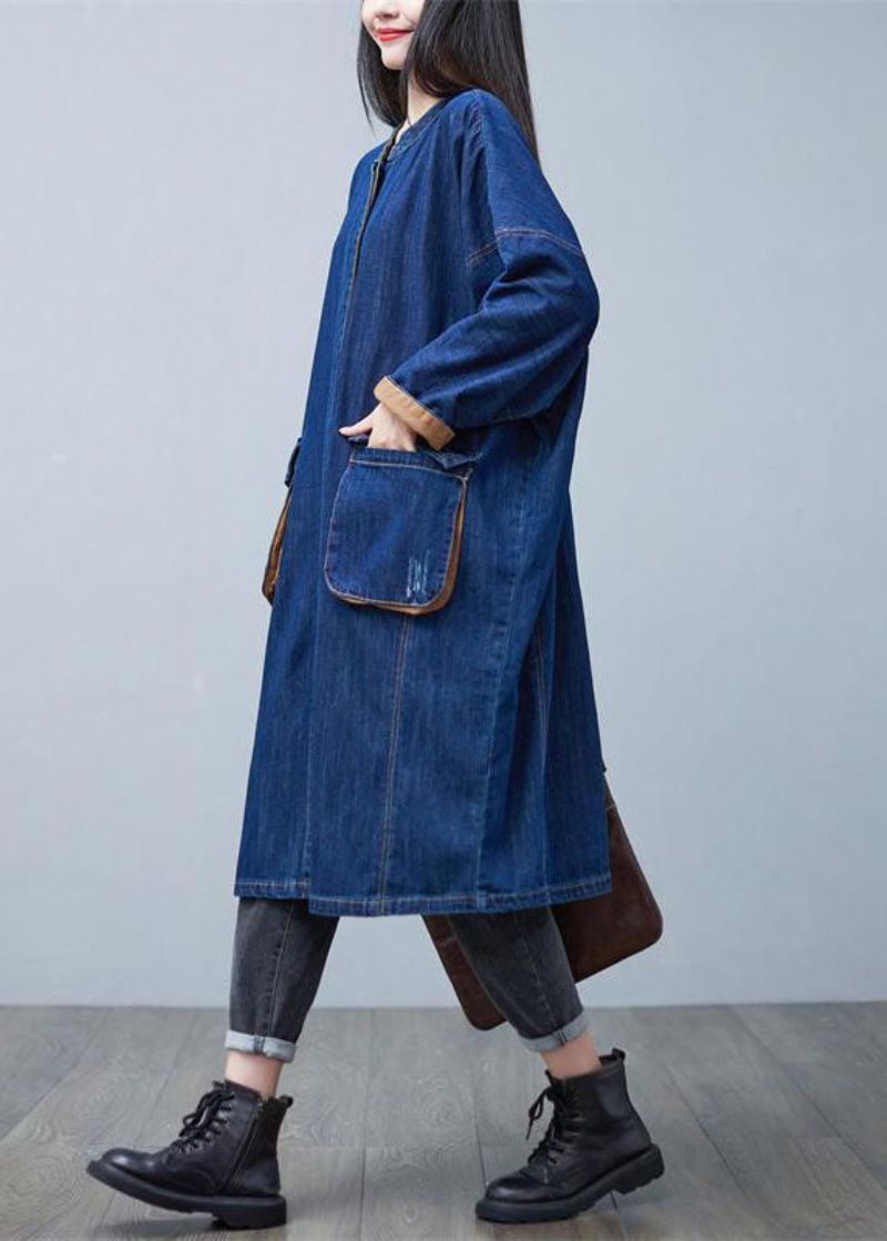 Stijlvolle Blauwe Opstaande Kraag Oversized Zakken Katoenen Denim Trenchcoat Lente - Dames trenchcoats