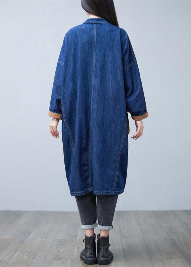 Stijlvolle Blauwe Opstaande Kraag Oversized Zakken Katoenen Denim Trenchcoat Lente - Dames trenchcoats