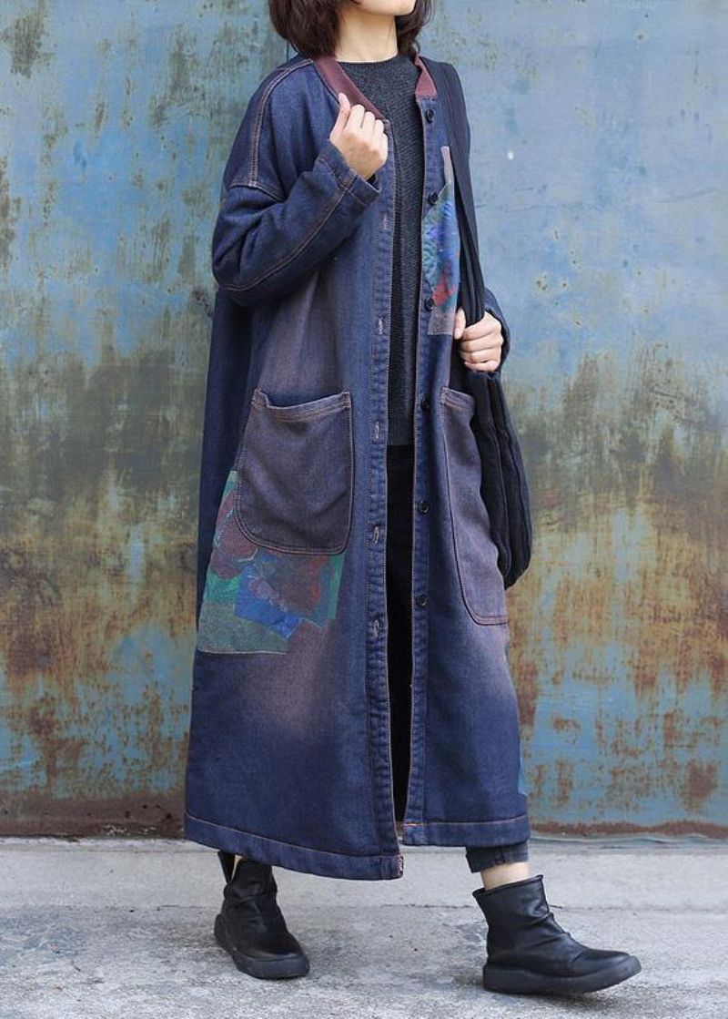 Stijlvolle Blauwe Prints Modieuze Trenchcoat Inspiratie Twee Dikke Jassen Met Grote Zakken - Dames trenchcoats