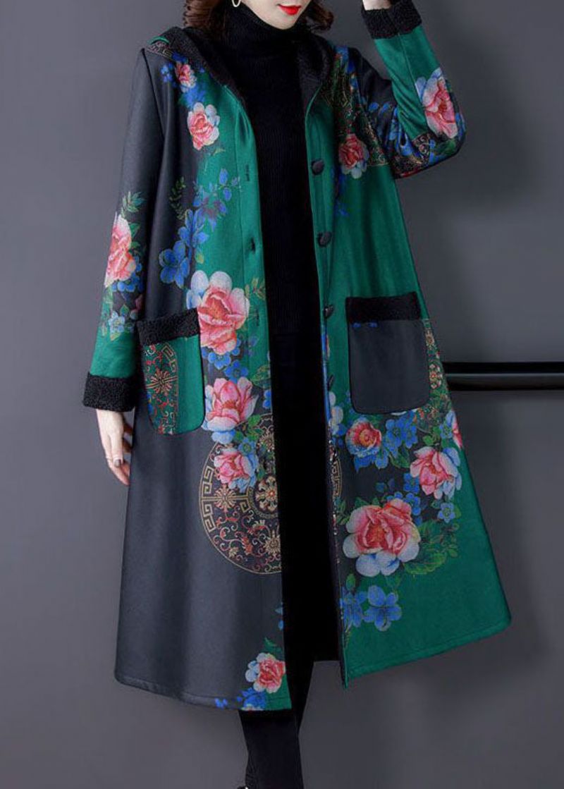 Stijlvolle Groene Capuchonprint Warme Fleece Trenchcoats Winter - Groen