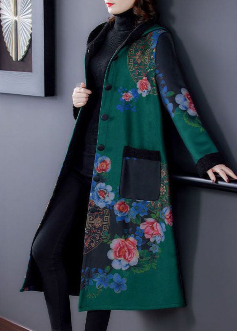 Stijlvolle Groene Capuchonprint Warme Fleece Trenchcoats Winter - Groen