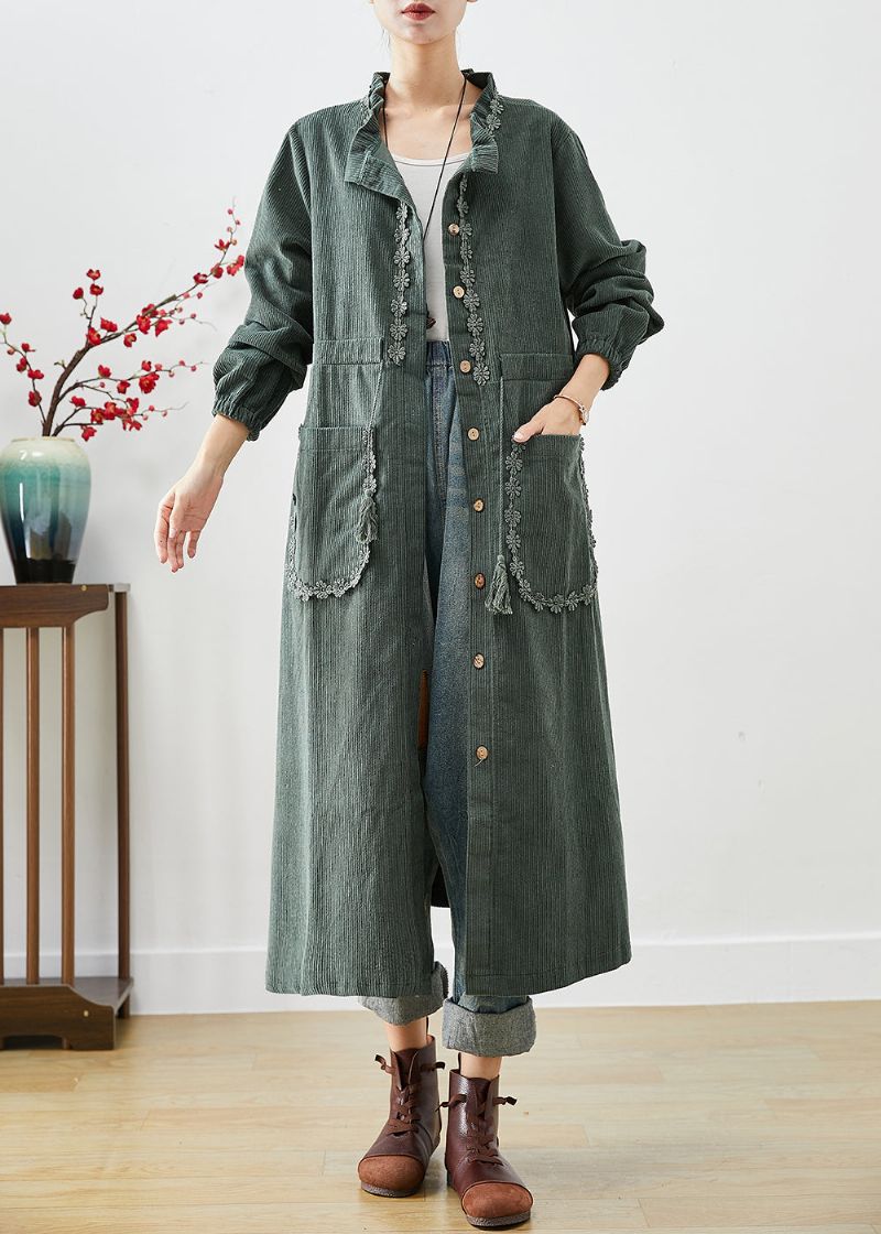 Stijlvolle Groene Gegolfde Corduroy Jassen Met Ruches Herfst - Dames trenchcoats