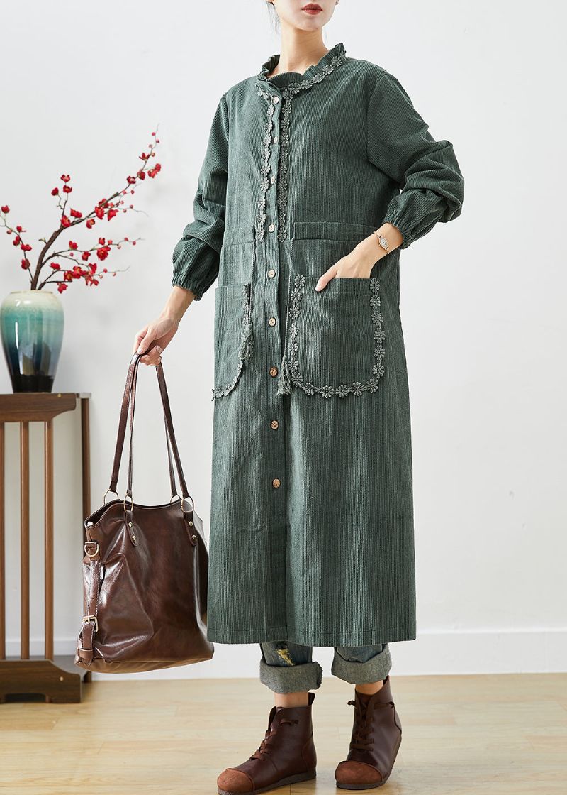 Stijlvolle Groene Gegolfde Corduroy Jassen Met Ruches Herfst - Dames trenchcoats