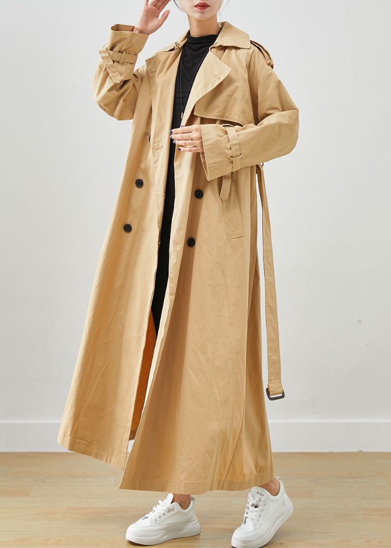 Stijlvolle Kaki Oversized Dubbele Borstkatoenen Trenchcoat