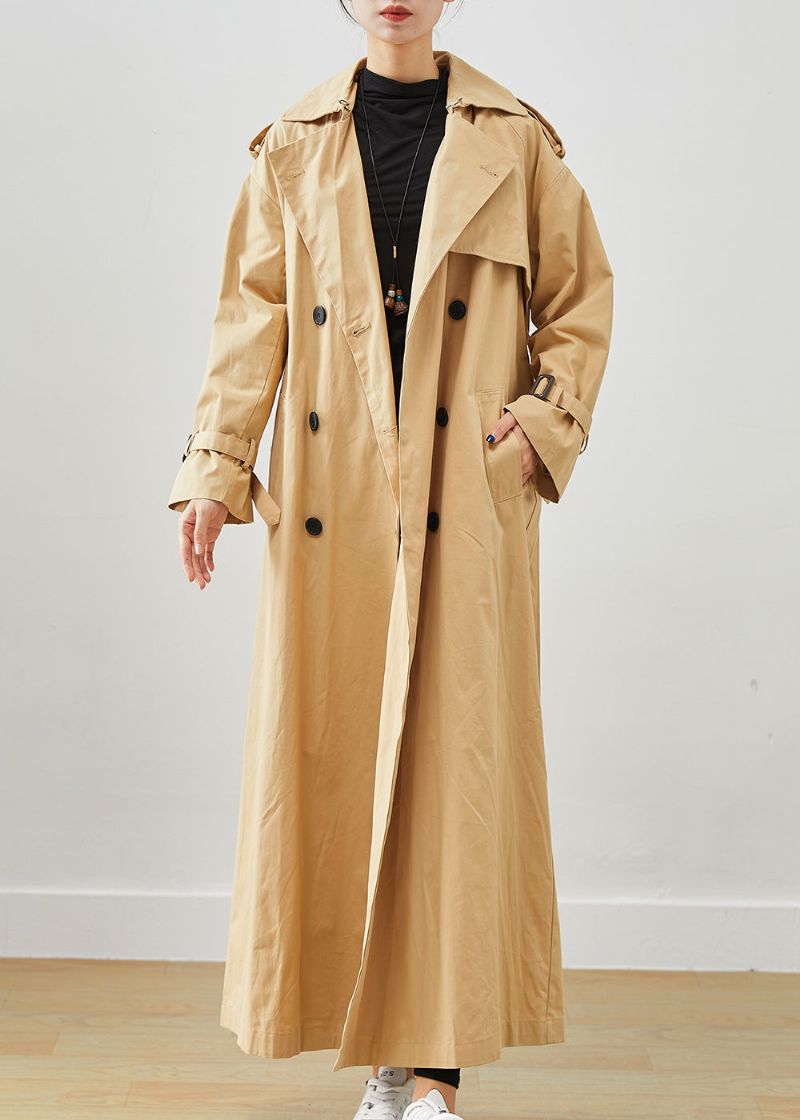 Stijlvolle Kaki Oversized Dubbele Borstkatoenen Trenchcoat - Dames trenchcoats