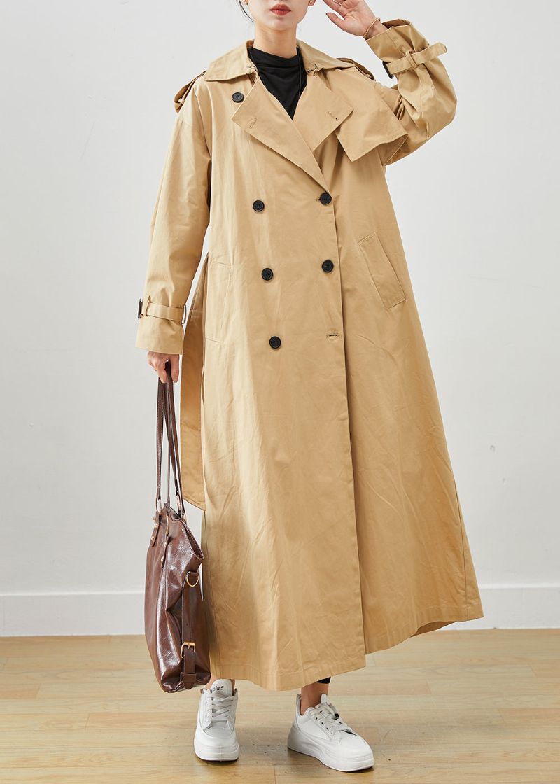 Stijlvolle Kaki Oversized Dubbele Borstkatoenen Trenchcoat - Dames trenchcoats