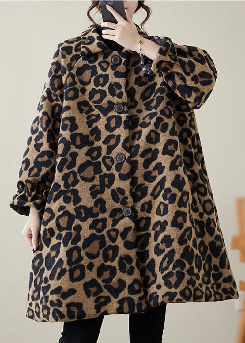 Stijlvolle Kaki Oversized Wollen Jassen Met Luipaardprint Winter - Dames trenchcoats