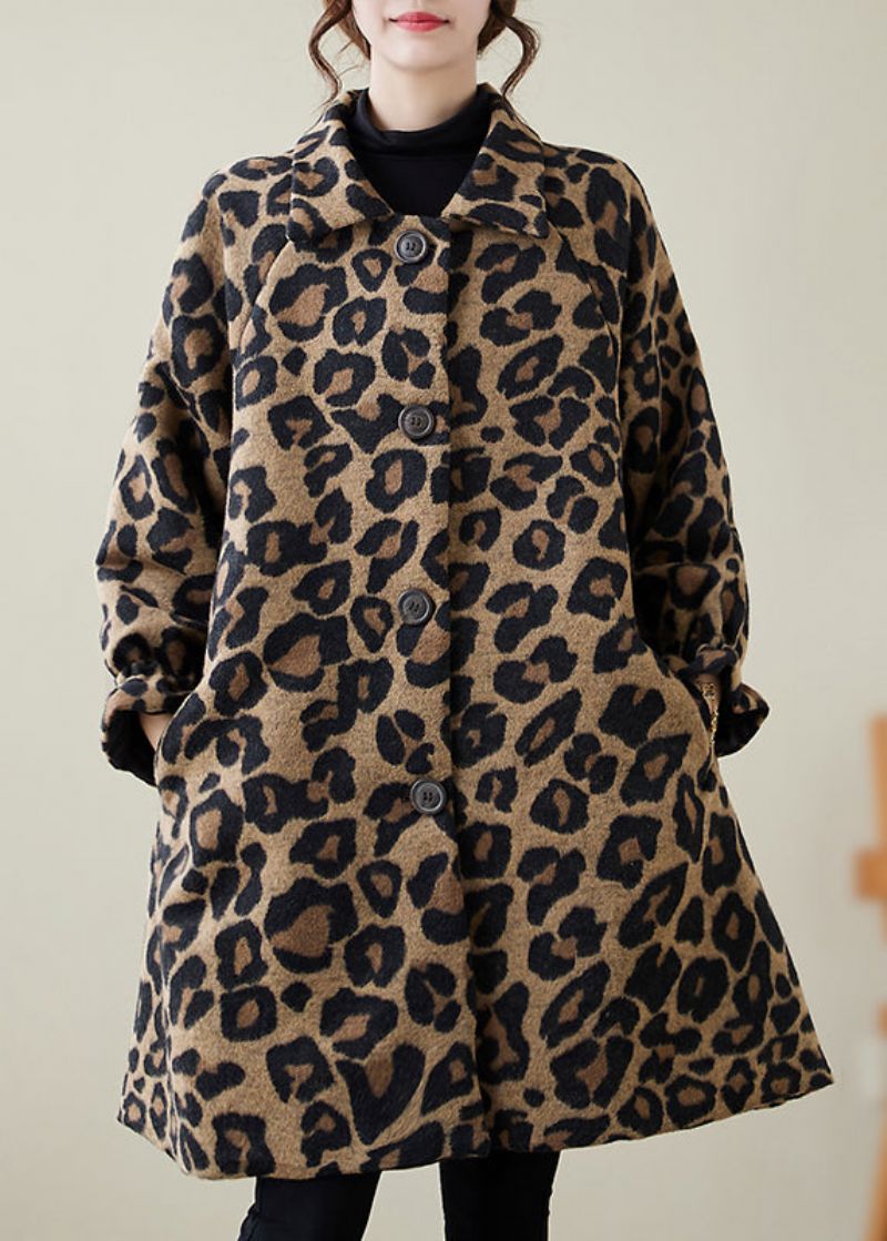 Stijlvolle Kaki Oversized Wollen Jassen Met Luipaardprint Winter - Dames trenchcoats