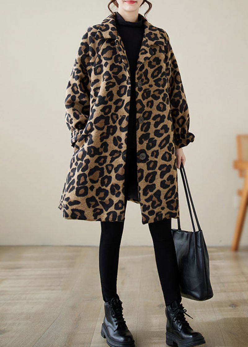 Stijlvolle Kaki Oversized Wollen Jassen Met Luipaardprint Winter - Dames trenchcoats