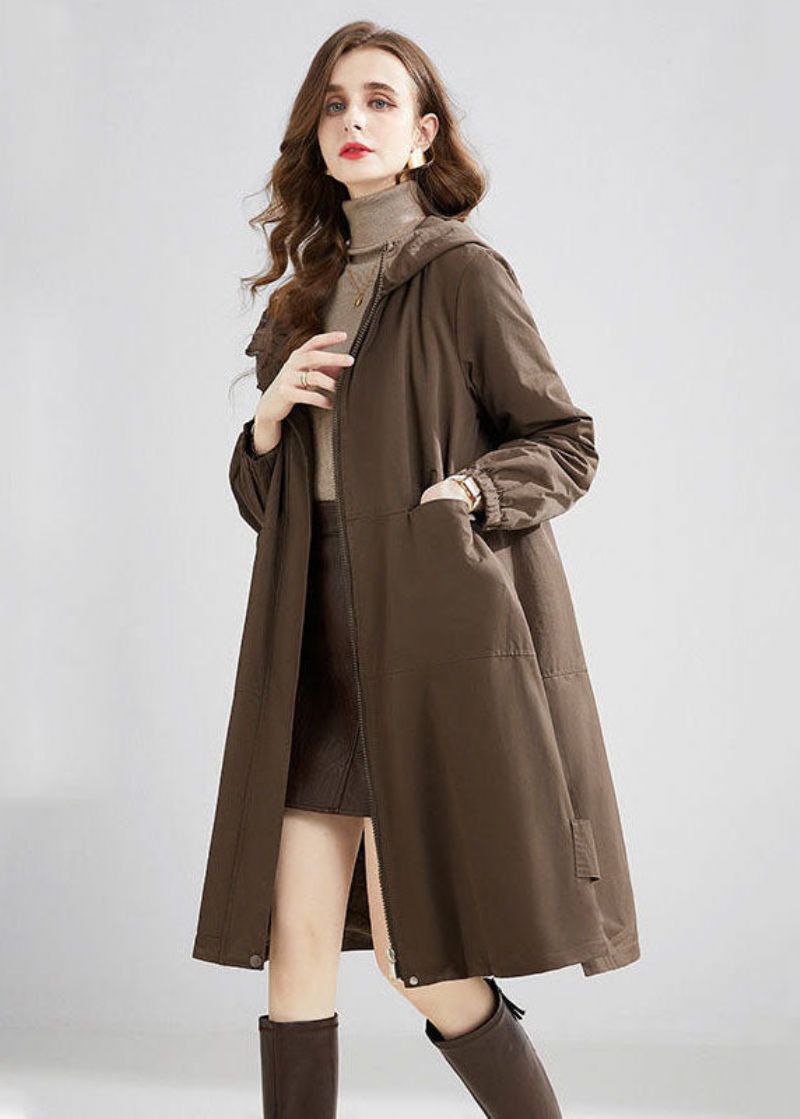 Stijlvolle Kaki Oversized Zakken Met Capuchon Warme Fleece Trench Winter - Dames trenchcoats