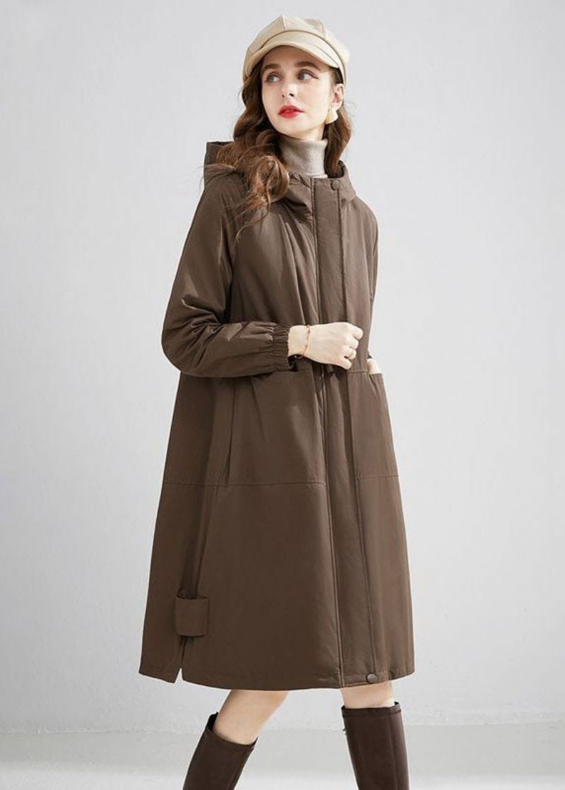 Stijlvolle Kaki Oversized Zakken Met Capuchon Warme Fleece Trench Winter - Dames trenchcoats