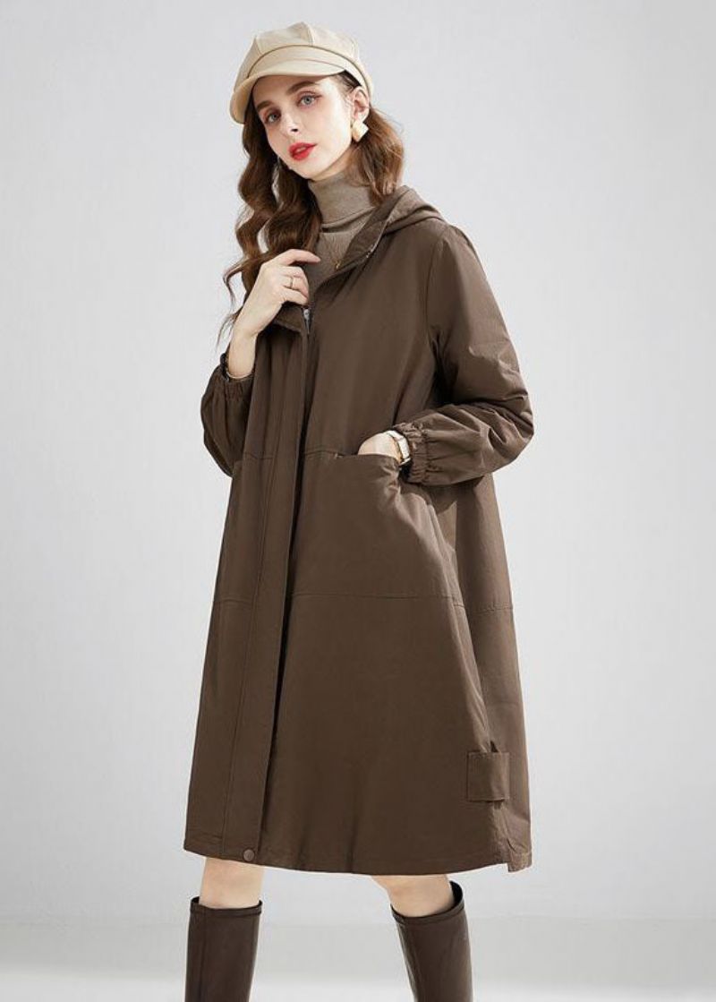 Stijlvolle Kaki Oversized Zakken Met Capuchon Warme Fleece Trench Winter - Dames trenchcoats