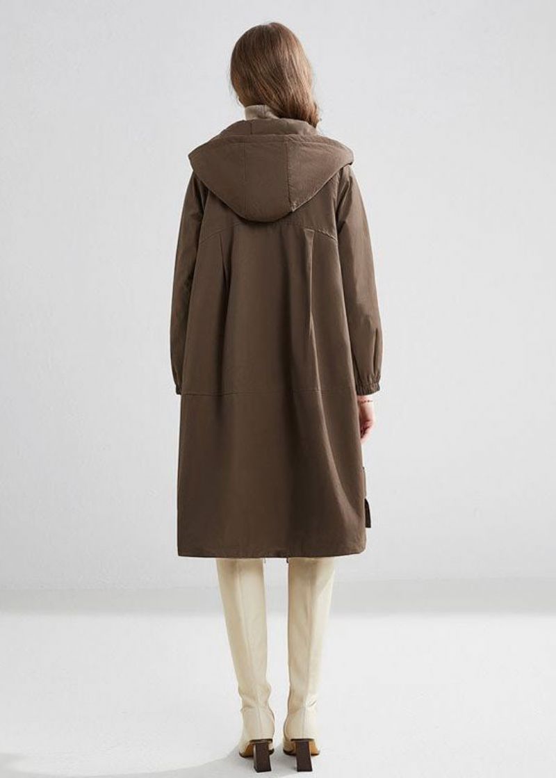 Stijlvolle Kaki Oversized Zakken Met Capuchon Warme Fleece Trench Winter - Dames trenchcoats