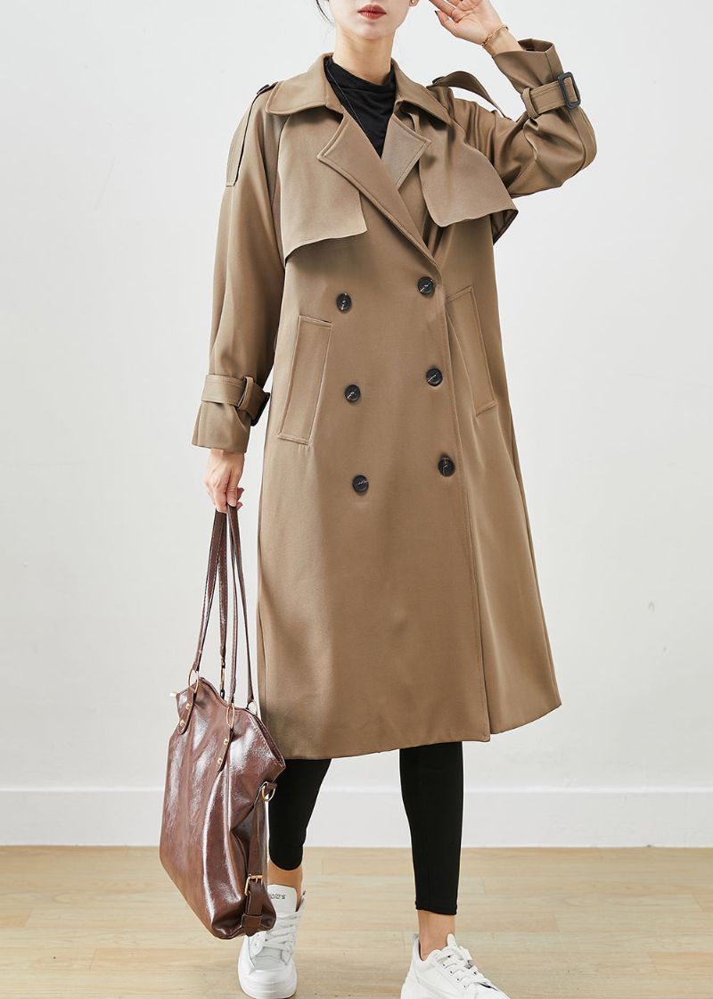 Stijlvolle Koffie Dubbele Borstzakken Katoenen Trenchcoat Herfst - Dames trenchcoats