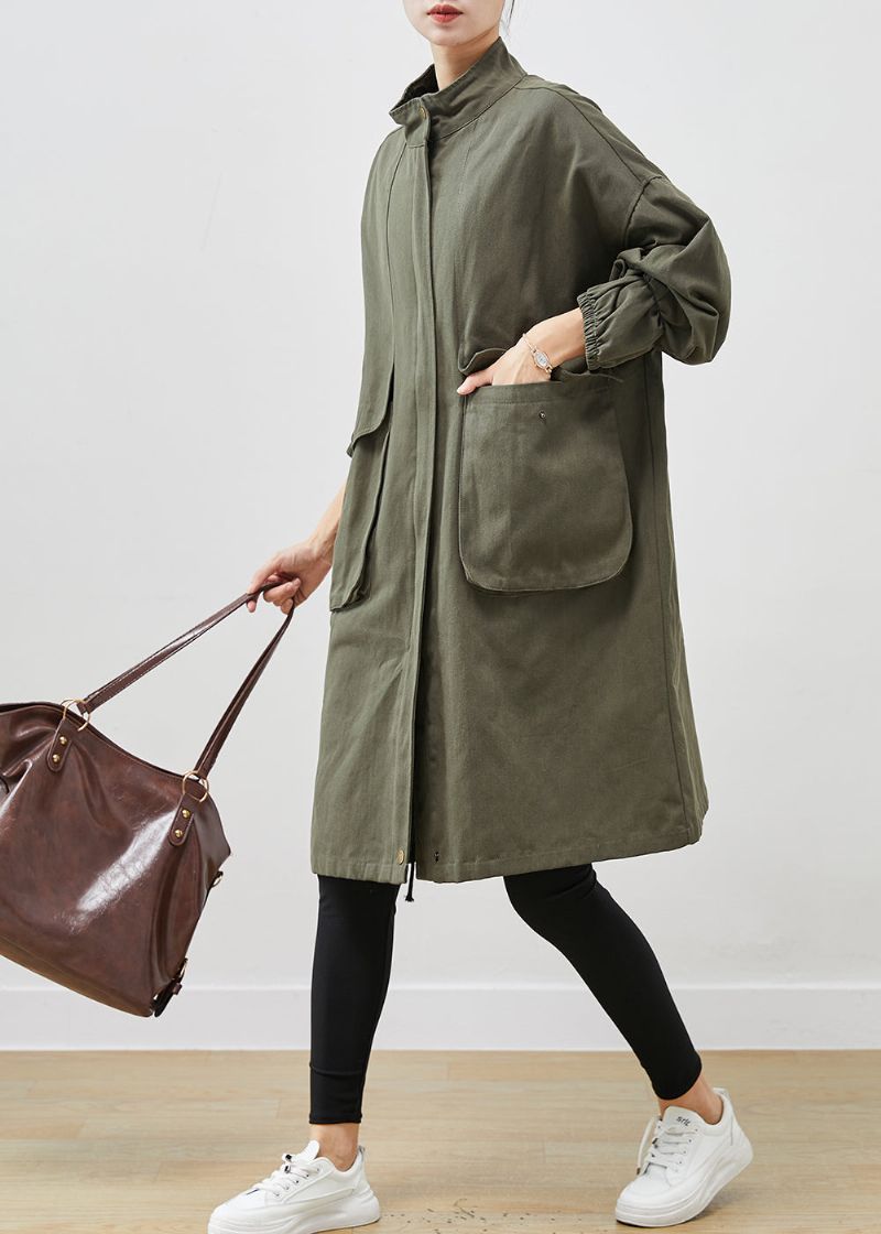 Stijlvolle Legergroene Oversized Zakken Katoenen Jas Uitloper Lente - Dames trenchcoats