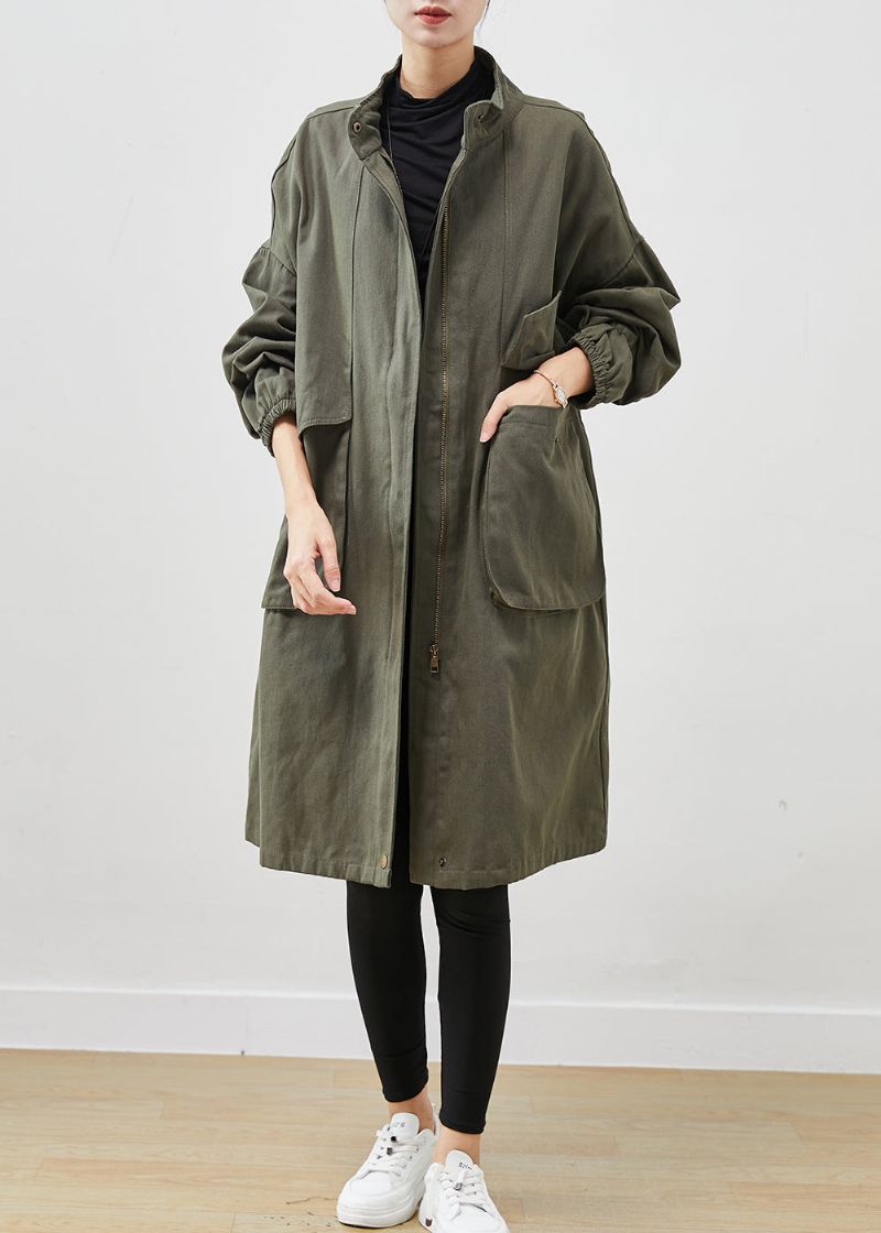 Stijlvolle Legergroene Oversized Zakken Katoenen Jas Uitloper Lente - Dames trenchcoats