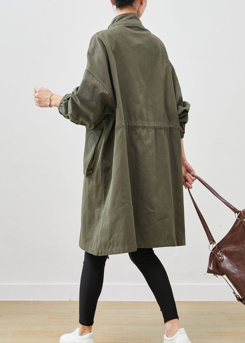 Stijlvolle Legergroene Oversized Zakken Katoenen Jas Uitloper Lente - Dames trenchcoats