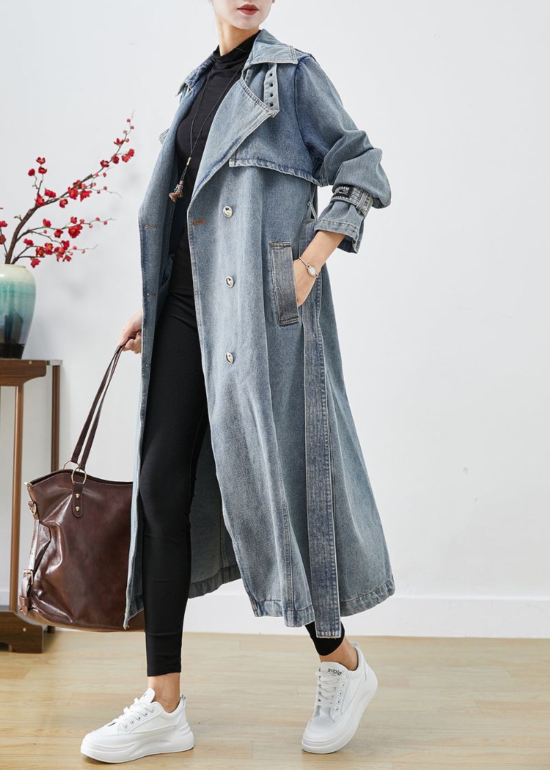 Stijlvolle Lichtblauwe Oversized Denim Trenchcoats Met Dubbele Rij Knopen Herfst