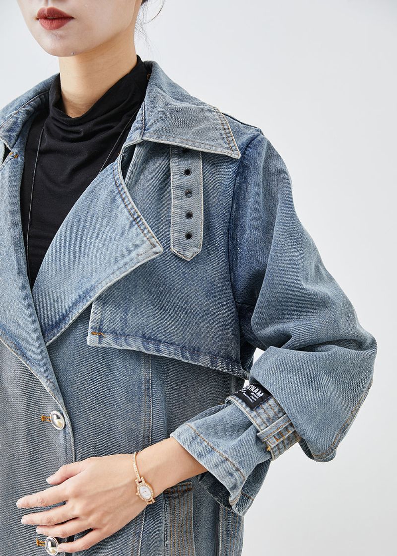 Stijlvolle Lichtblauwe Oversized Denim Trenchcoats Met Dubbele Rij Knopen Herfst - Dames trenchcoats