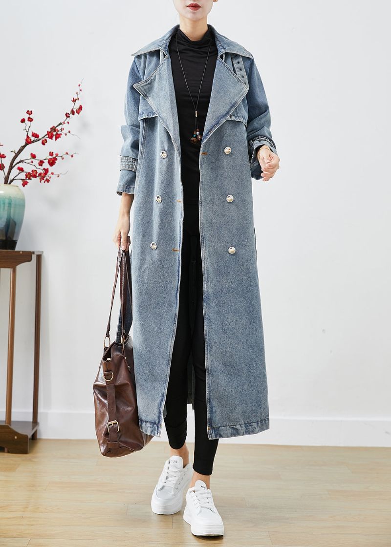 Stijlvolle Lichtblauwe Oversized Denim Trenchcoats Met Dubbele Rij Knopen Herfst - Dames trenchcoats